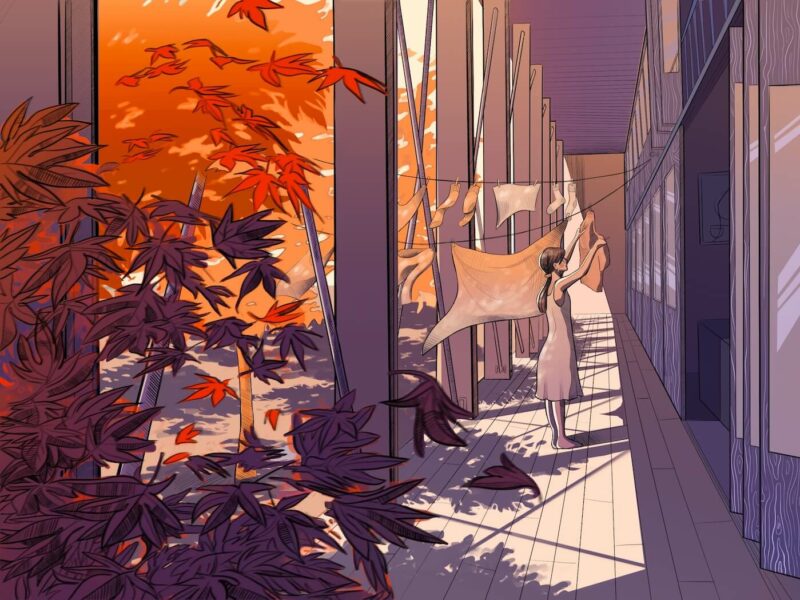 A perspective illustration showing the building's south arcade.
